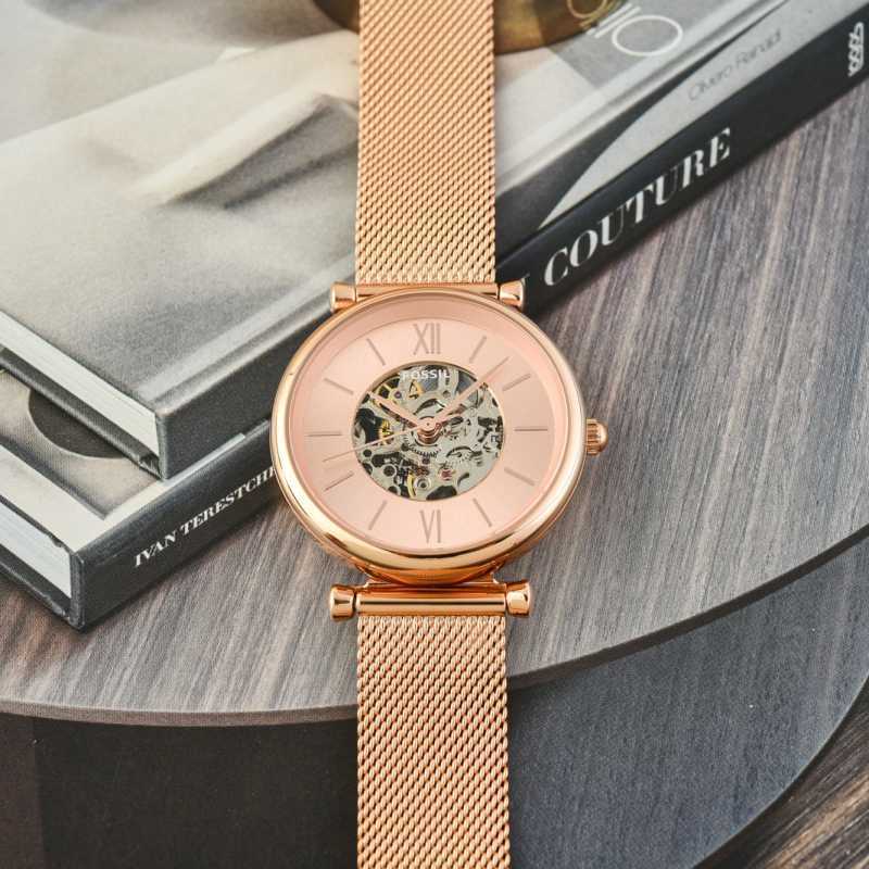 Jam Tangan Wanita Fossil Carlie ME3175 Automatic Rose Gold Dial Rose Gold  Mesh Strap