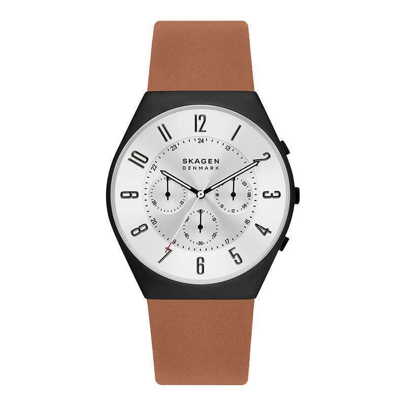 Jam Tangan Pria Skagen Grenen SKW6823 Chronograph Men Silver Dial Brown  Leather Strap
