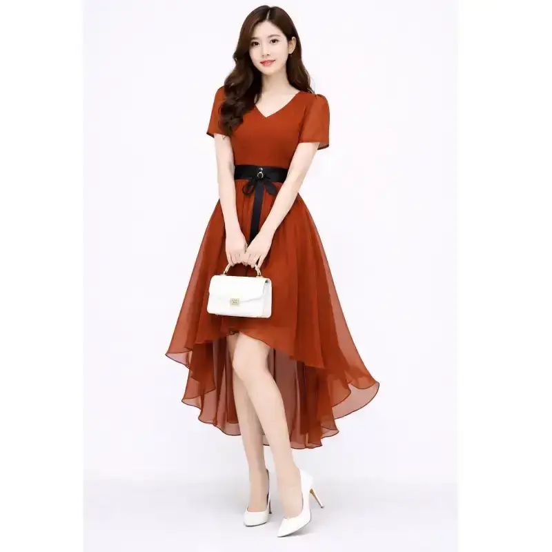 midi dress lengan pendek lonceng dramatis gaun lengan Midi Dress Lengan Pendek Gaun
