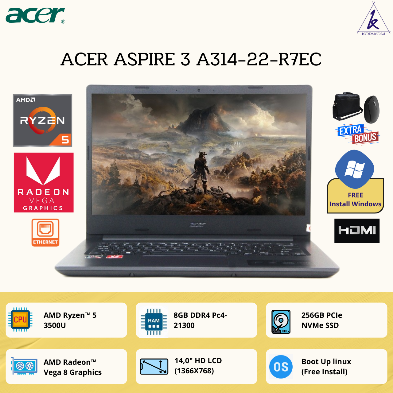 PC Portable Acer Aspire 5 A314-22 – Ryzen 5, 8 Go RAM, SSD 256 Go – 14″ – Noir