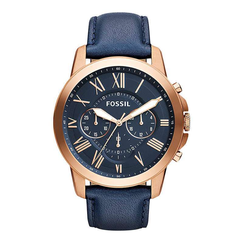 Jam Tangan Pria Fossil Grant FS4835 Chronograph Blue Dial Navy Leather Strap