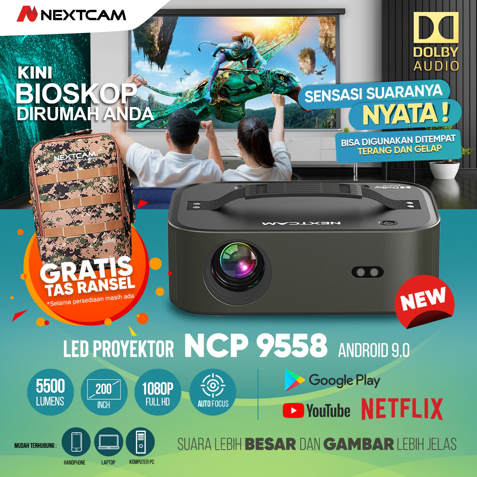 Promo proyektor android 5500lumens nextcam ncp 9558 projector bluetooth ...