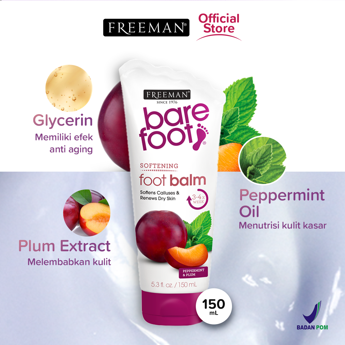 Freeman Bare Foot Exfoliating foot scrub Peppermint and Plum 5.3 oz( Packs  of 2)