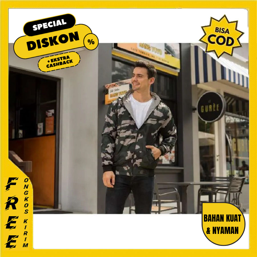 Jaket Hoodie Sweater Camo Bolak Balik Parasut Motif Army Pria Ori F17