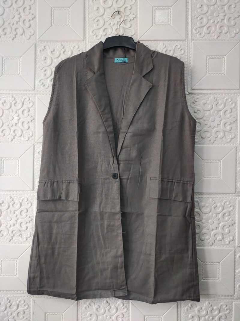 Vest Outwear Wanita, Rompi Cardigan Linen Formal Casual Mixi Abu Abu