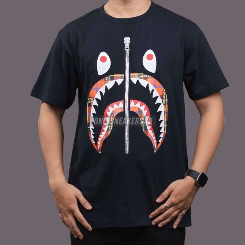 BAPE RED CHECK SHARK BLACK TEE 100 AUTHENTIC