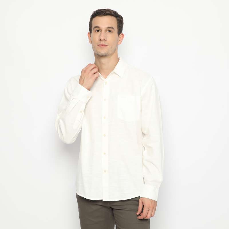 POLICE Kemeja Polos Cotton Slub Off White Regular Fit Lengan Panjang Pria
