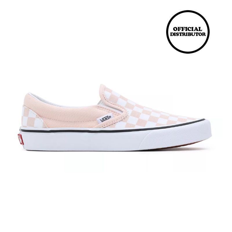 Peach colored checkered vans top