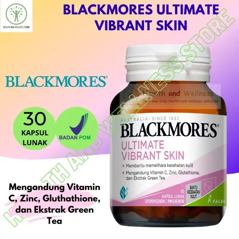 blackmores glutathione  GLOW PLUS  With 250mg L-Glutathione, 7.5mg Zinc & 45mg Vitamin C in each capsule!  Zinc helps to maintain healthy skin  Vitamin C helps in collagen formation Jual Blackmores Ultimate Vibrant Skin