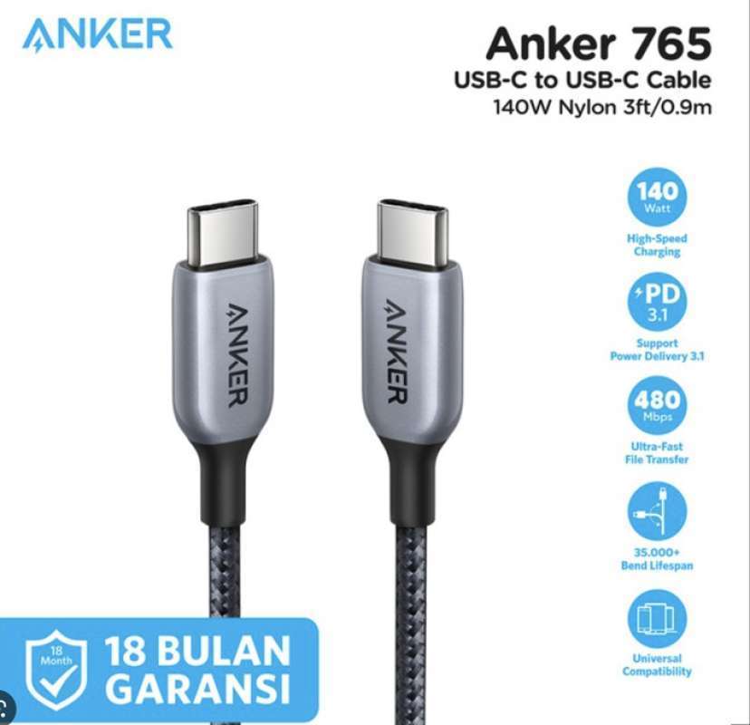 Jual Kabel Anker 765 USBC to USBC Cable 140W Nylon A88650A1 GREY di