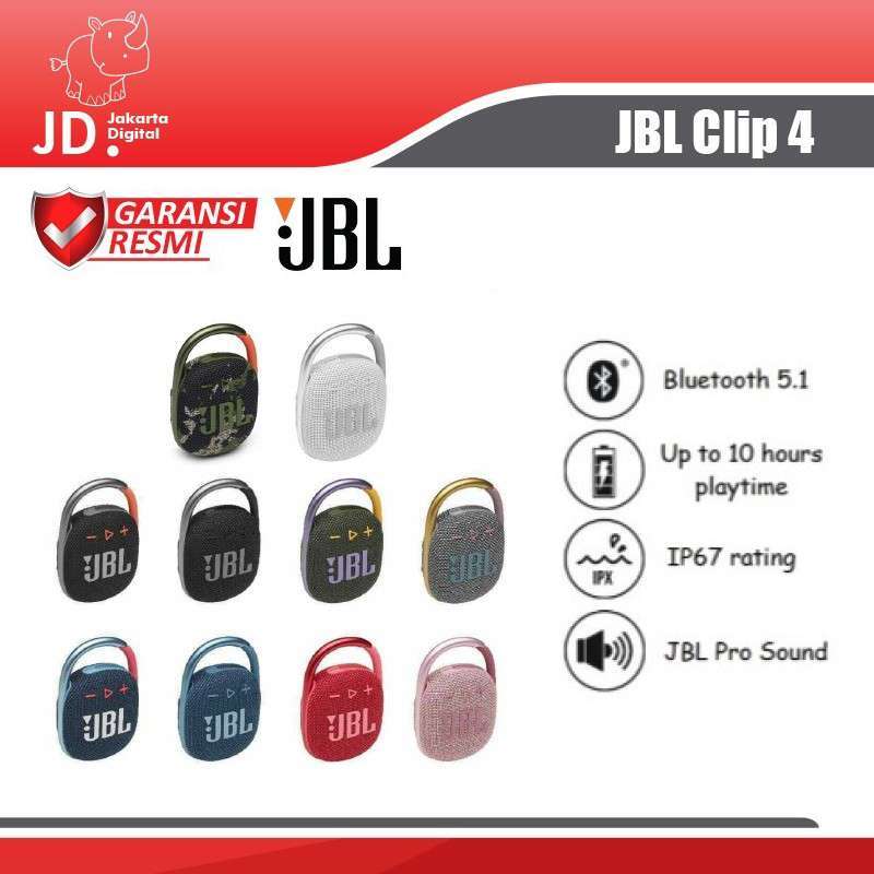 JBL Clip 4 Mini Speaker Bluetooth Portabel dengan Suara Pro JBL, Karabiner Terintegrasi, Tahan Air dan Debu IP67, Ideal untuk Petualang Aktif