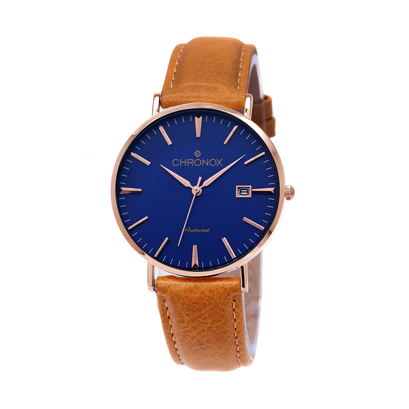 Chronox CX1002-C1 Casual Tali Kulit Coklat Jam Tangan Pria - Biru Rose Gold