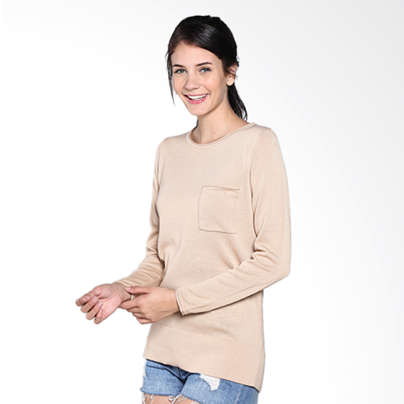 COME Boatneck Pocket Sweater 160224-S1-Light Beige-A Atasan Wanita - Light Beige