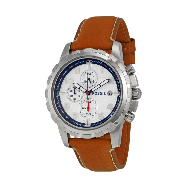 FOSSIL Dean Chronograph Silver Dial Tan Leather Jam Tangan Pria