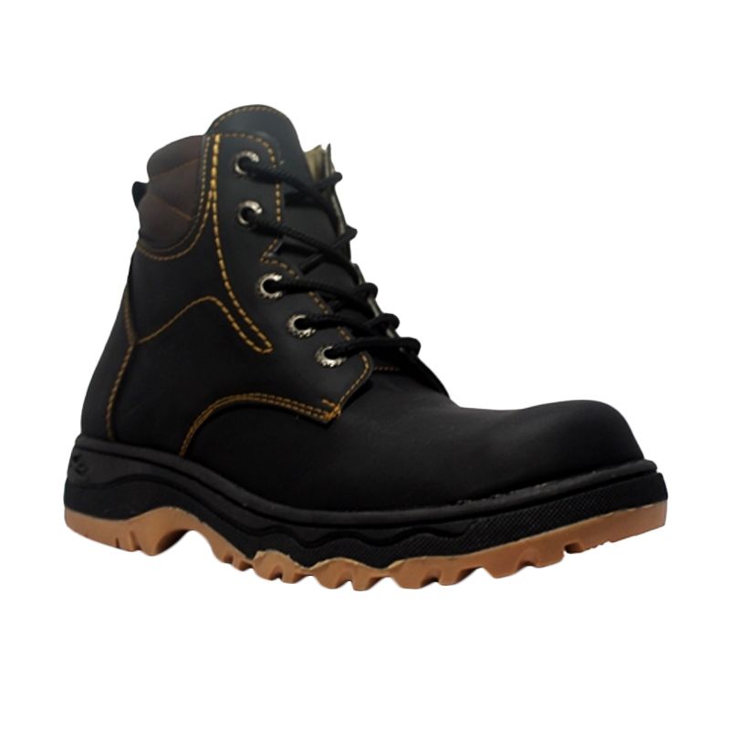 Cut Engineer Safety Boots Lace-Up Outdoor Leather Black Sepatu Pria