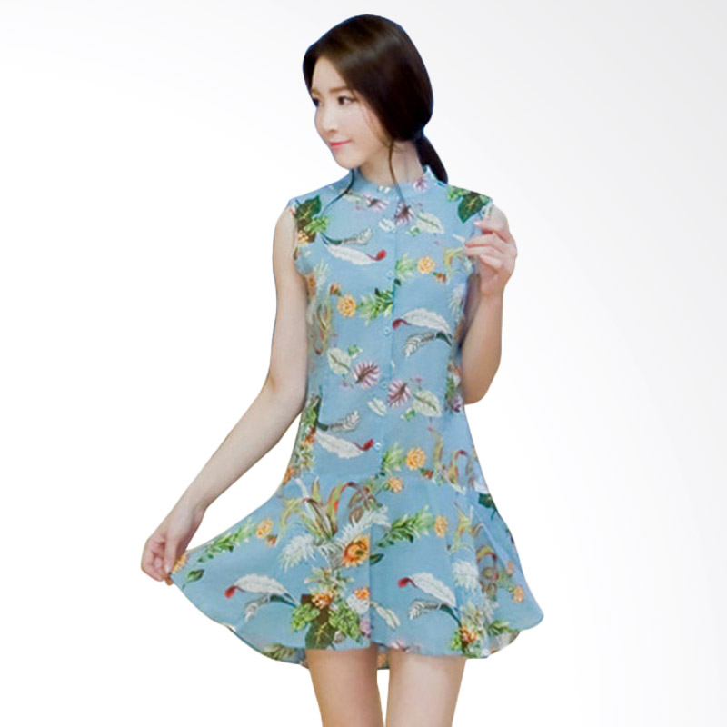 Kakuu Basic Bird Pattern Mini Dress - Skyblue