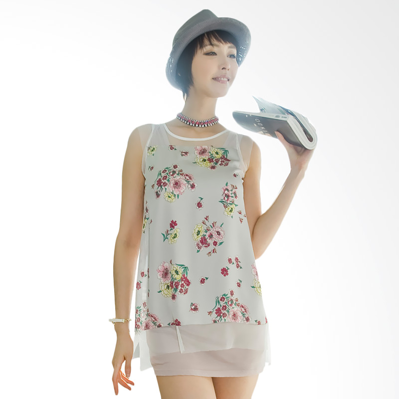 Kakuu Basic Flower Motif Transparent Back Dress - Gray