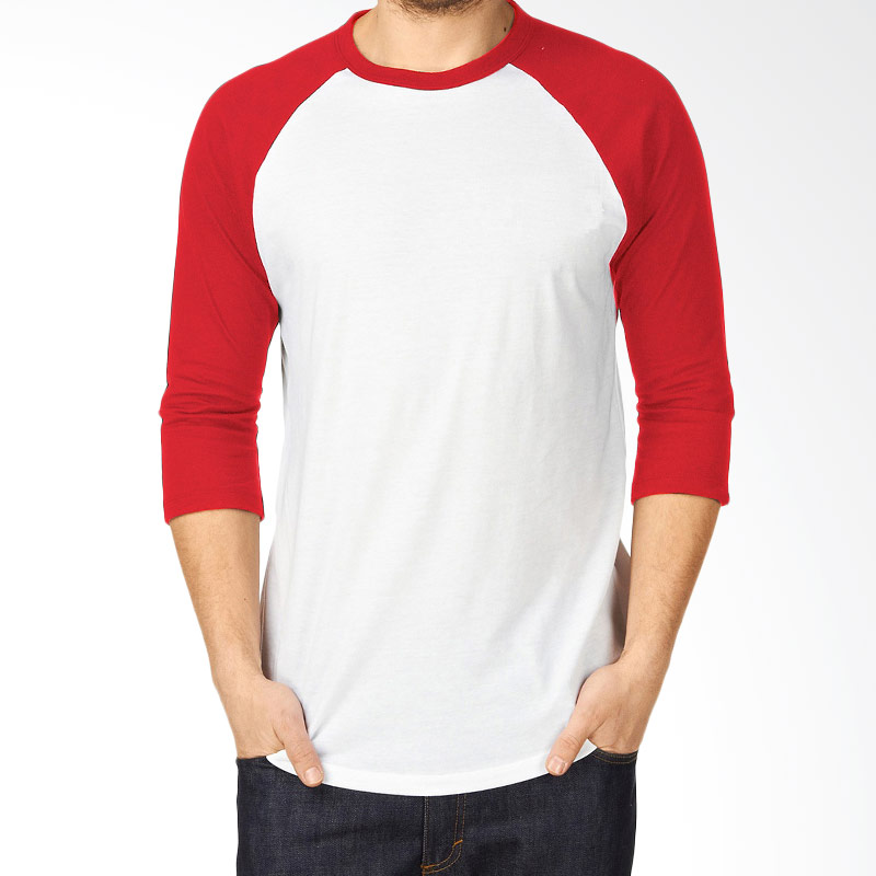 Jual Kaosyes Kaos Polos T-shirt Raglan Lengan 3/4 Putih-merah Terbaru