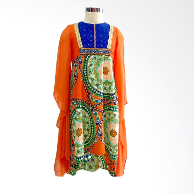 PMC Gamis Motif Dada Biru Orange Baju Muslim Anak Perempuan