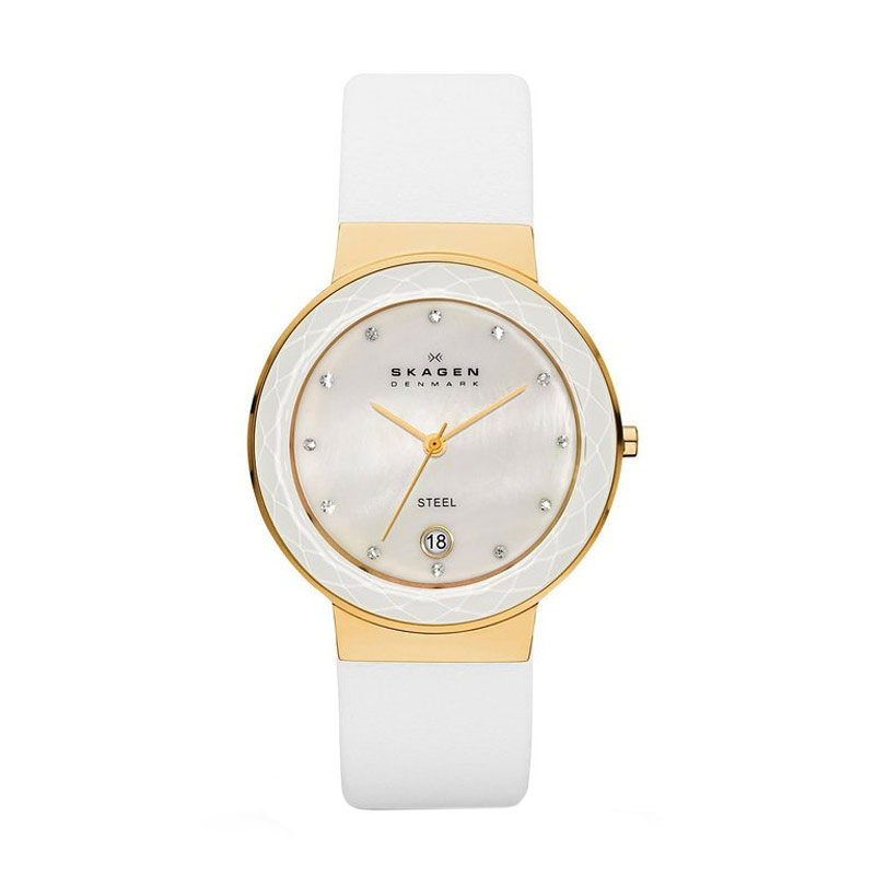 jual skagen skw2033 white leather gold bezel jam jual skagen skw2033 white leather gold bezel jam
