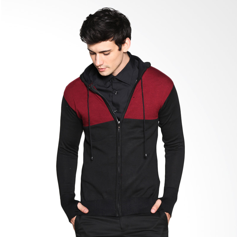 VM Cardigan Zipper Hoodie 2 Tone Jaket Pria - Hitam Maroon