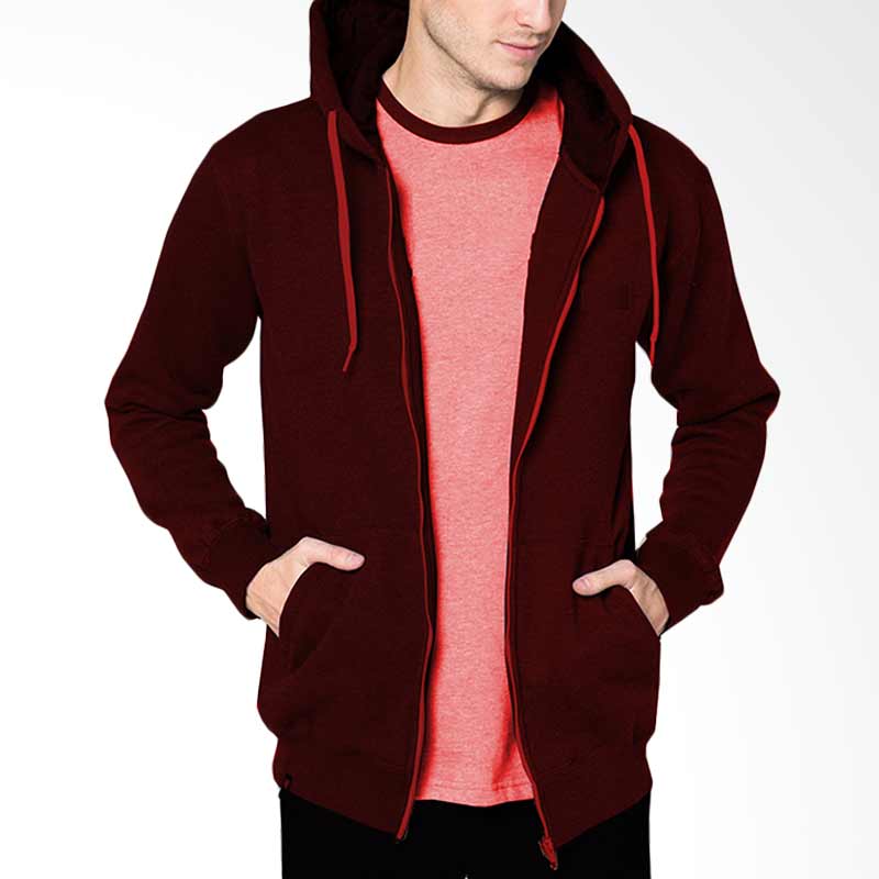 Jual VM Polos Long Zipper Merah Maroon Jaket Hoodie Pria 