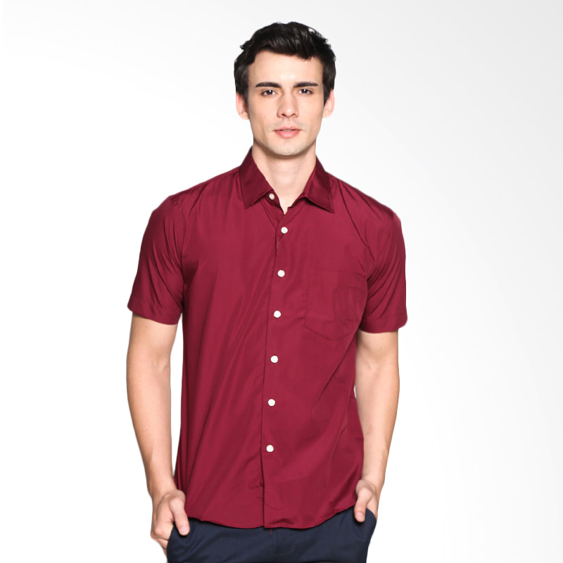 Jual VM Polos Katun Pendek Slimfit Kemeja Pria Merah 