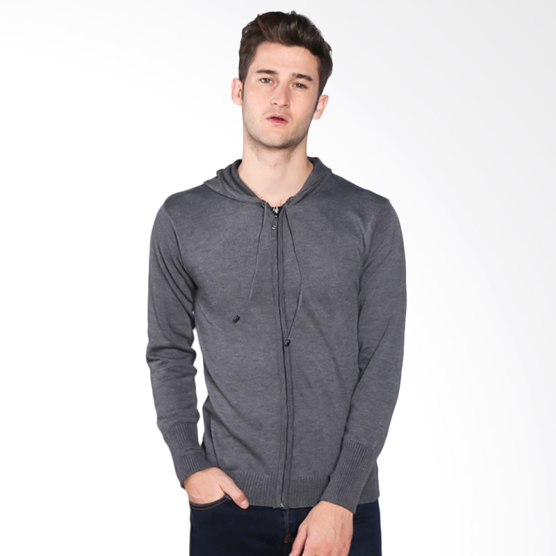 VM Rajutan Zipper Hoodie Polos Panjang Sweater - Abu Tua