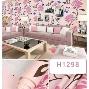 Wallpaper Dinding Kamar Motif Bunga Pink Kupu-kuou Biru bunga Multicolor