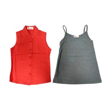 Tiny Button Kotak Kemeja Set Dress Anak - Abu Merah