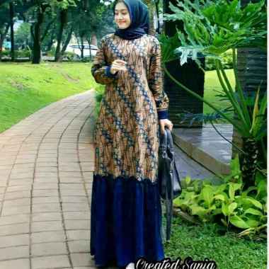 DWI Tasik Gamis Rempel Batik Gamis Wanita Muslim Batik Kombinasi Polos Semua Ukuran Biru
