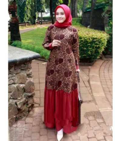 DWI Tasik Gamis Rempel Batik Gamis Wanita Muslim Batik Kombinasi Polos Semua Ukuran Maron