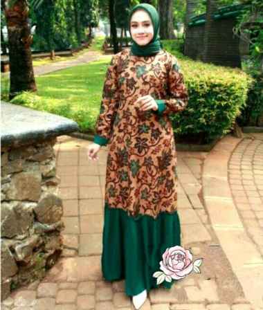DWI Tasik Gamis Rempel Batik Gamis Wanita Muslim Batik Kombinasi Polos Semua Ukuran HIJAU
