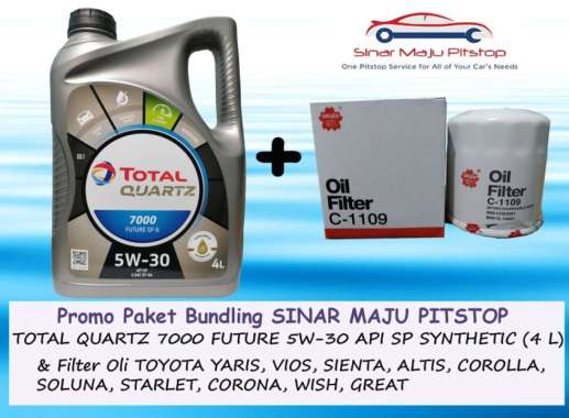 Paket Bundling Oli TOTAL QUARTZ 7000 SAE 5W-30 API SP SYNTHETIC 4 Liter & Filter Oli Mobil TOYOTA YA