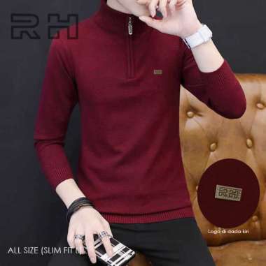 Sweater Baju Rajut Kerah tinggi resleting original RH tangan panjang zipper turtleneck pria rajutan 