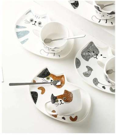 Gelas / Cangkir Set Motif Cat Dengan Tatakan Piring Keramik + Sendok HITAM
