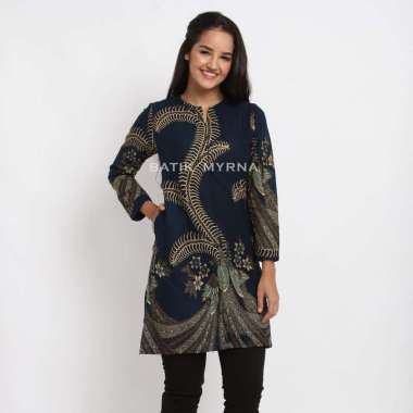 BATIK MYRNA - Tunic Atasan Dress Batik Wanita Perempuan Motif Merak Dongker XXL