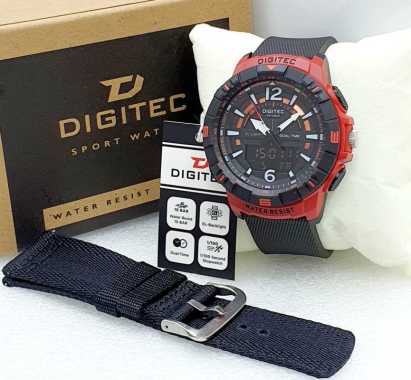 BERGARANSI 100% Jam Tangan Pria DIGITEC ORIGINAL Strap Rubber + Kanvas Dual Time Waterproof D73642 B