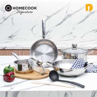 Panci Set Tutup Kaca Stainless Steel Wajan Stenlis Homecook Signature Set of 6 Pcs + Free Wood Spatu