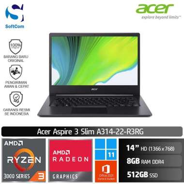 Acer Aspire 3 Slim A314 22 R3RG Notebook [AMD Ryzen 3-3250U/8GB/512GB SSD/14″/Win 11 Home+OHS 2021] Charcoal Black