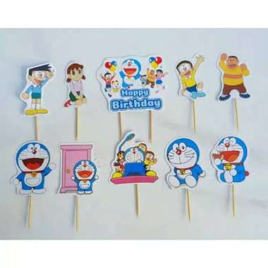 satu set cake topper toper hiasan kue ulang tahun karakter doraemon biru