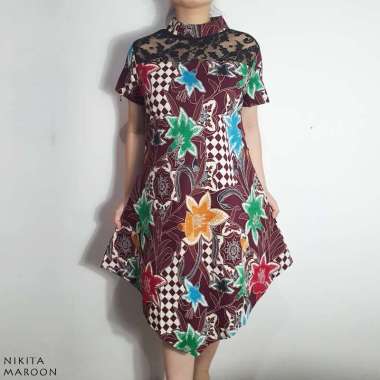 Evercloth Nikita Dress Batik Brukat Katun Stretch Gaun Batik Terusan Batik MAROON