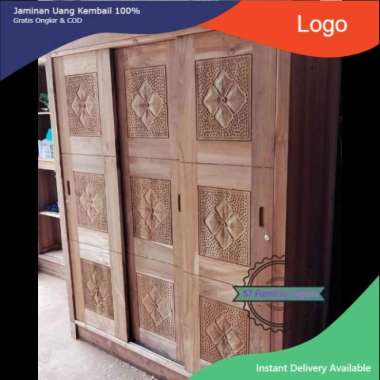 Lemari Pakaian Pintu 3 Ukir Almari Sleding/ Sliding Kayu Jati Jepara Grade A Mentahan