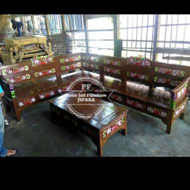 Mebel Jati Meja Kursi Pojok/ Sudut Kayu Jati Ukir Warna Kombinasi Free