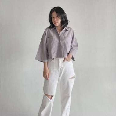 Kemeja Linen Crop Oversize Import Wanita Big Pocket Outer Atasan Wanita Lengan Panjang Kekinian LD 1