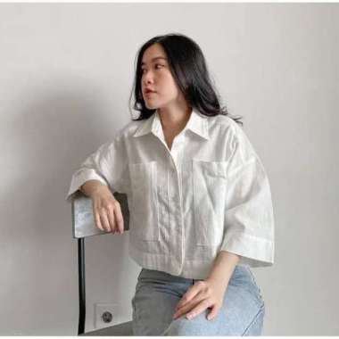 Kemeja Linen Crop Oversize Import Wanita Big Pocket Outer Atasan Wanita Lengan Panjang Kekinian LD 1