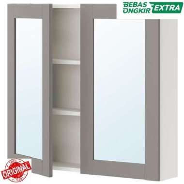 Rak Lemari Kaca Cermin Dinding Kamar Mandi 2 Pintu 80x17x75cm_PutihAbu