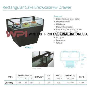 Gea E-850VT2 Rectangular Cake Showcase With Drawer - Mesin Pemajang Kue Dengan Panel Hitam Stainless