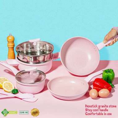 PANCI SET GOHAPPY 9 PCS KOREAN PAN GRANIT KOREA PASTEL ORIGINAL100% GH KOREA PINK