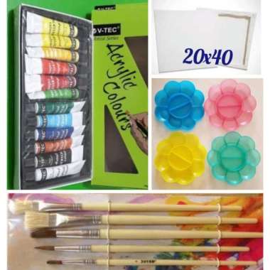 Paket Kanvas/Canvas Lukis 20X40(Canvas.Kuat.Palet Cat Akrilik) Multicolor